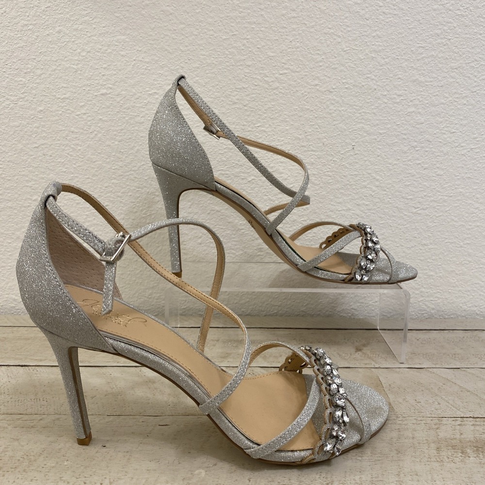 Badgley Mischka Jewel Heels Women 9.5 Silver Jeweled Strappy Bridal Wedding Shoe